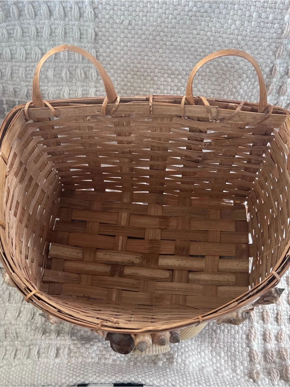 Handcrafted Seashell Accent Woven Straw Basket - Tan